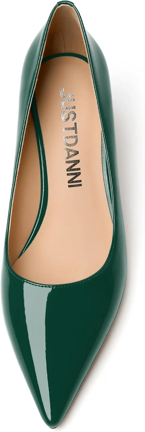 JUSTDANNI Womens Business Pointed Toe Stylish Patent Formal Slip On Chunky Low Heel Pumps Shoes 1.5 Inch