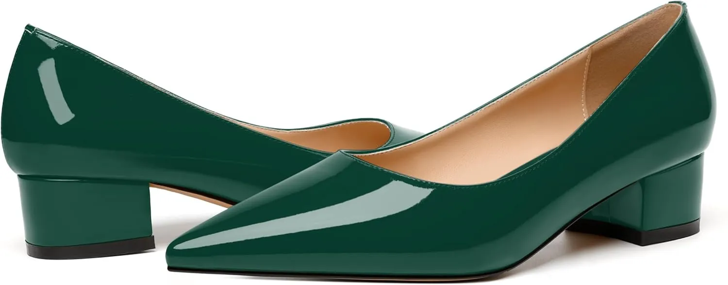 JUSTDANNI Womens Business Pointed Toe Stylish Patent Formal Slip On Chunky Low Heel Pumps Shoes 1.5 Inch