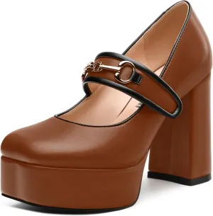 JUSTDANNI Women's Mary Jane Heels Platform High Chunky Heel Square Closed Toe Pumps Comfortable Single Strap Dress Shoes for Wedding Party Office