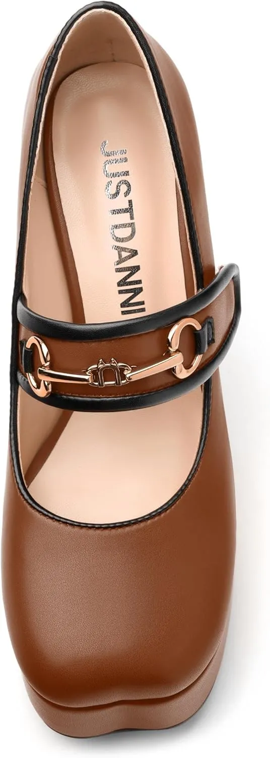 JUSTDANNI Women's Mary Jane Heels Platform High Chunky Heel Square Closed Toe Pumps Comfortable Single Strap Dress Shoes for Wedding Party Office