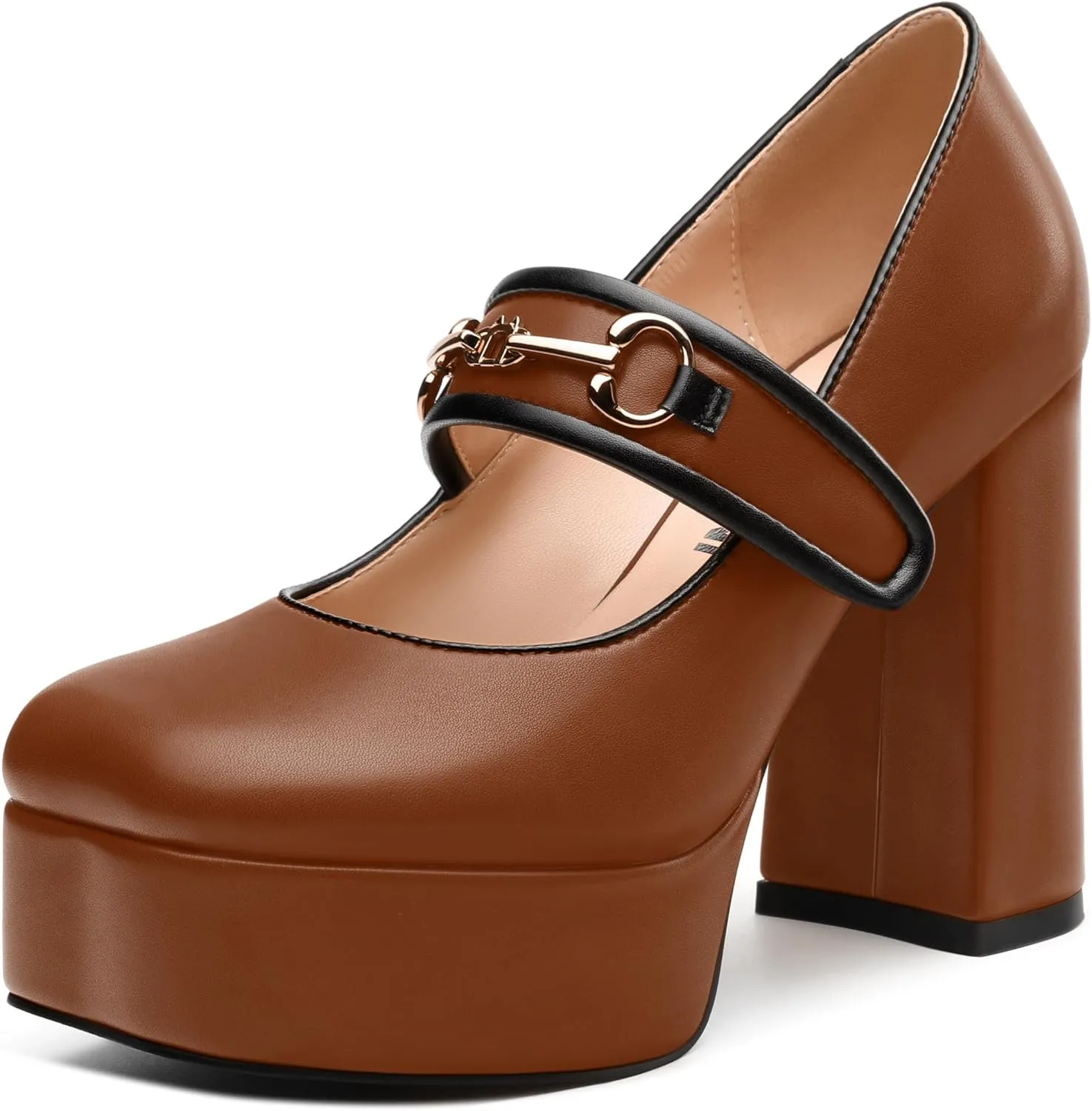 JUSTDANNI Women's Mary Jane Heels Platform High Chunky Heel Square Closed Toe Pumps Comfortable Single Strap Dress Shoes for Wedding Party Office