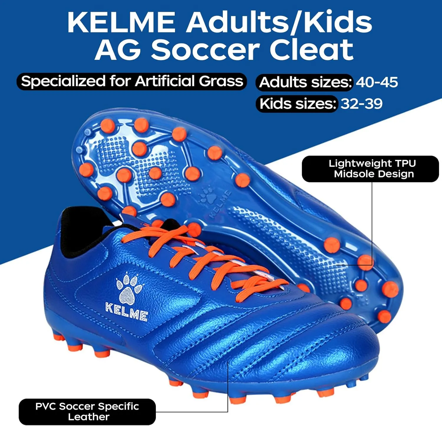 KELME K-Fighting AG Soccer Cleats, Microfibre Leather, Mens Womens Unisex Outdoor Soccer Shoes, Artificial Grass Football, Youth