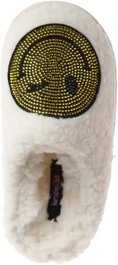 kensie Kids Slippers for Girls - Flower and Smiley Face Fuzzy House Shoes with Rhinestones, Cozy Indoor Slippers for Little Kid/Big Kid