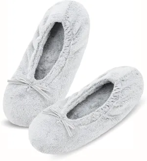 Keyela Women's Ballerina House Slippers with Soft Tie Bow and Suede Sole, Non-Slip Bedroom Slippers Socks