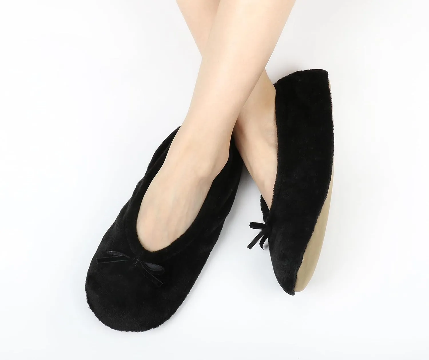 Keyela Women's Ballerina House Slippers with Soft Tie Bow and Suede Sole, Non-Slip Bedroom Slippers Socks