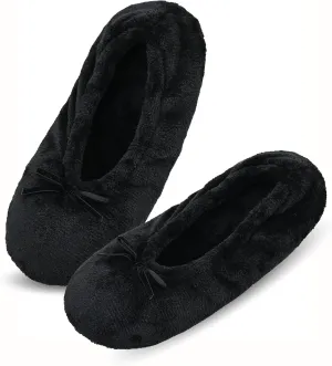 Keyela Women's Ballerina House Slippers with Soft Tie Bow and Suede Sole, Non-Slip Bedroom Slippers Socks