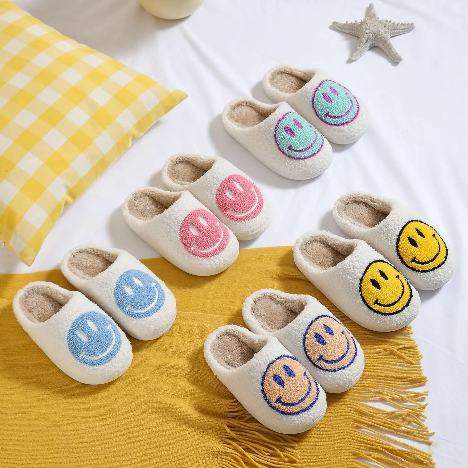 KEYUSHOP Happy Face Slippers for Kids Smile Face House Slippers Soft Plush Warm Preppy Slipper Anti-Slip Winter Fuzzy House Shoes for Toddler Girls