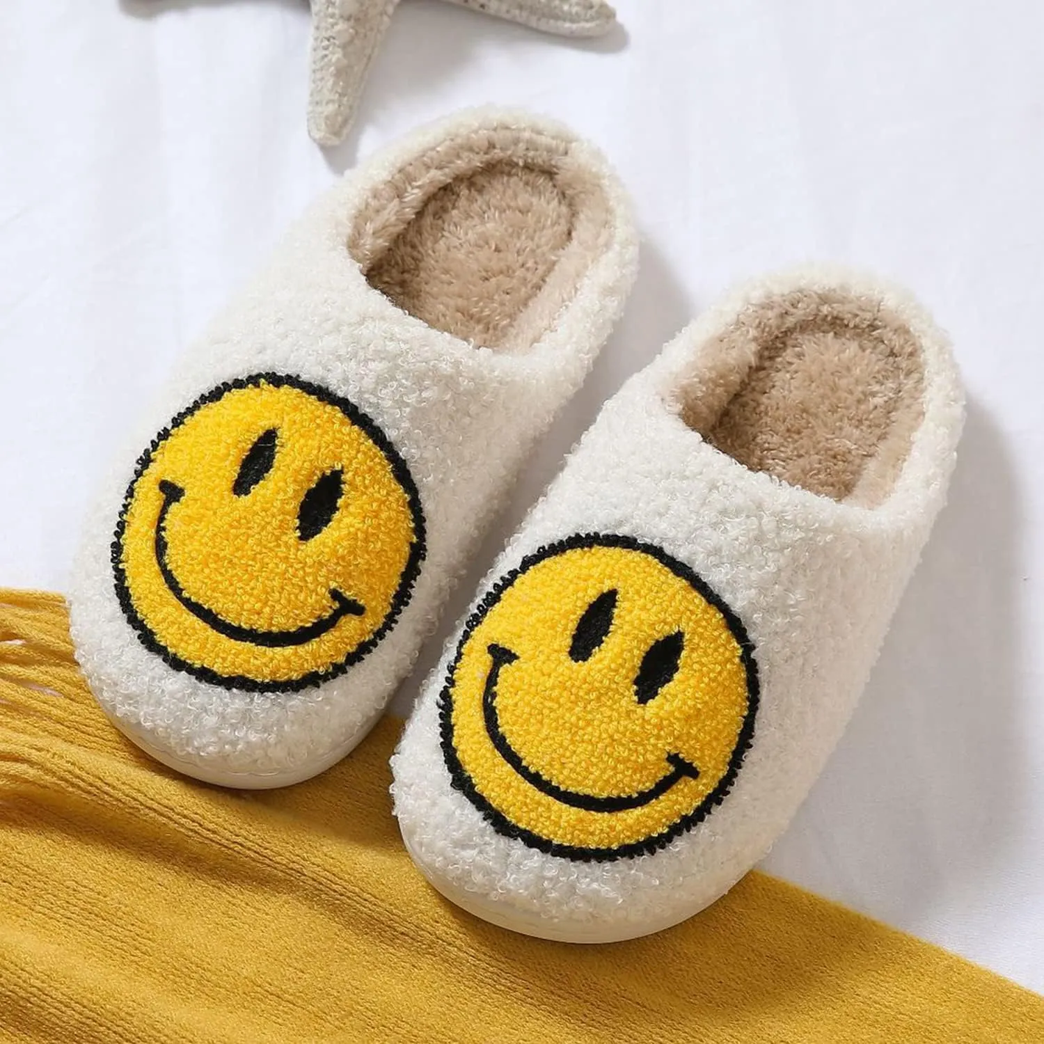 KEYUSHOP Happy Face Slippers for Kids Smile Face House Slippers Soft Plush Warm Preppy Slipper Anti-Slip Winter Fuzzy House Shoes for Toddler Girls