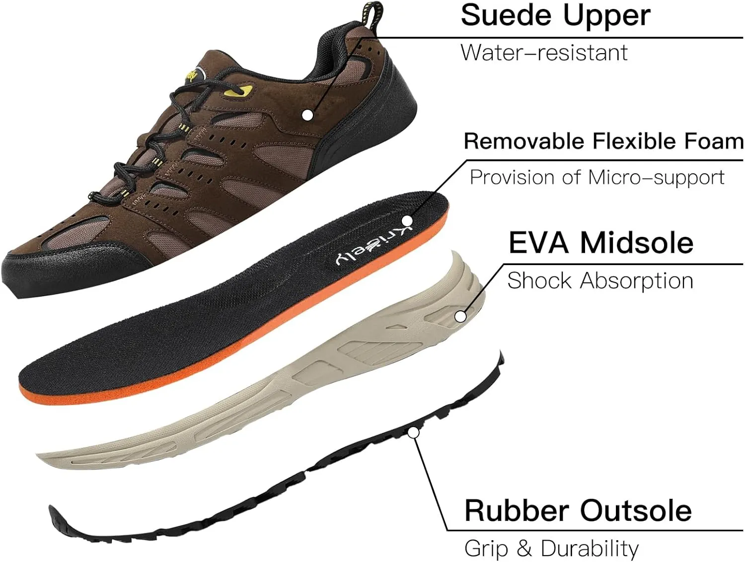 Kricely Men's Low Top Hiking Shoes Waterproof Suede Lightweight Anti Slip Trekking Shoes for Outdoor Trailing Camping Backpacking Running Walking