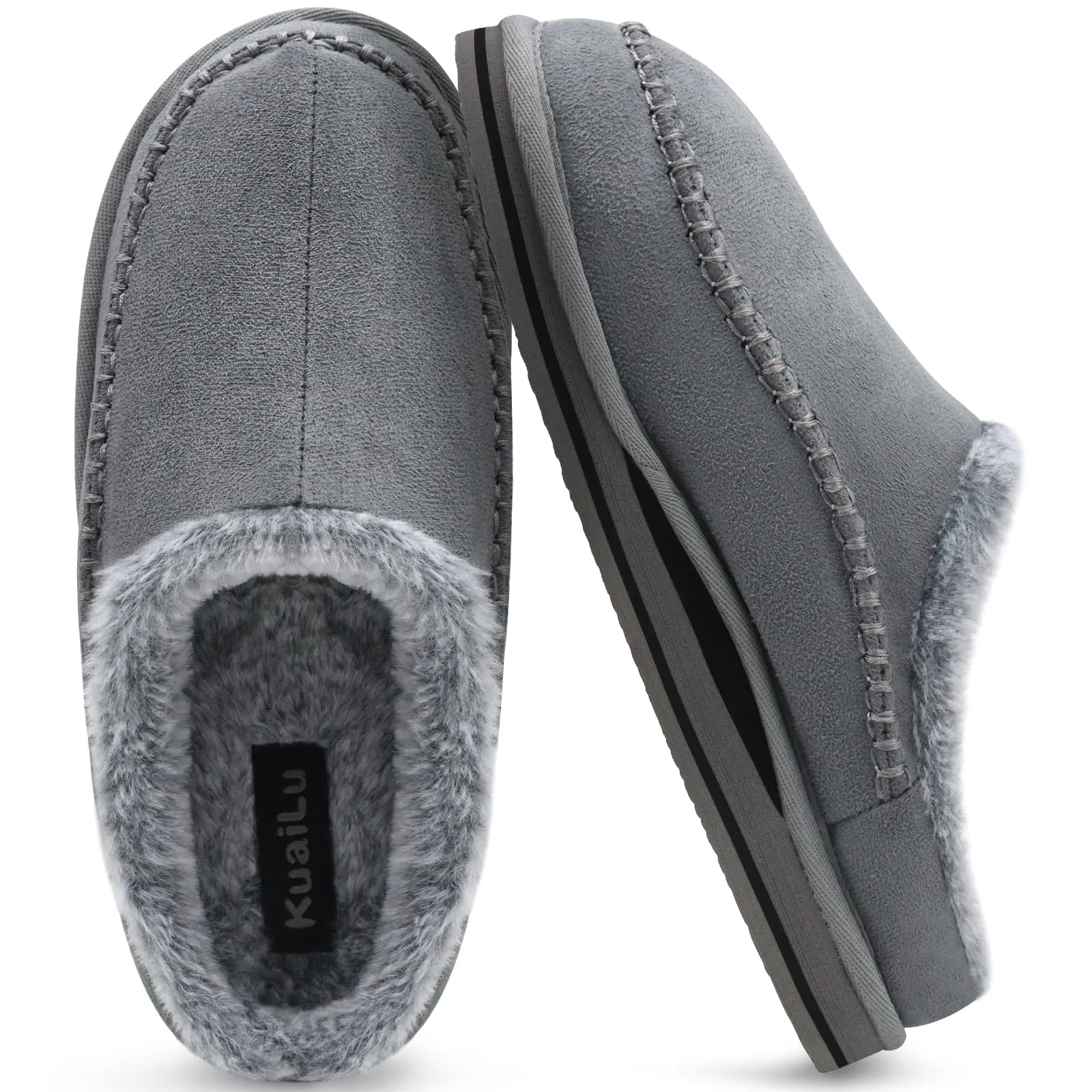 KuaiLu Mens Clog Slippers with Arch Support Suede Faux Fur Memory Foam Warm House Shoes Comfortable Slip-on Mans Bedroom Indoor Outdoor Slippers Rubber Sole Size 7-16