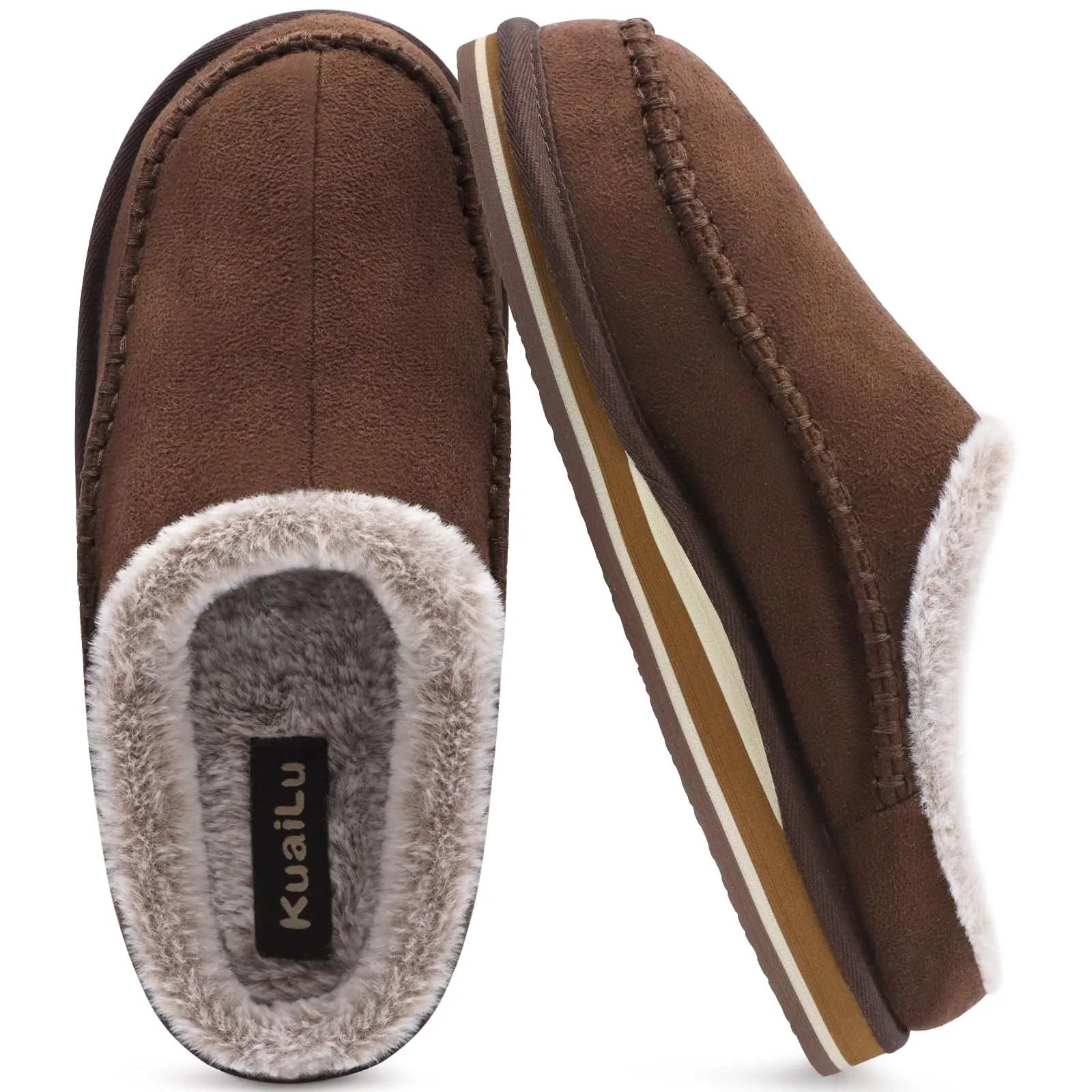 KuaiLu Mens Clog Slippers with Arch Support Suede Faux Fur Memory Foam Warm House Shoes Comfortable Slip-on Mans Bedroom Indoor Outdoor Slippers Rubber Sole Size 7-16