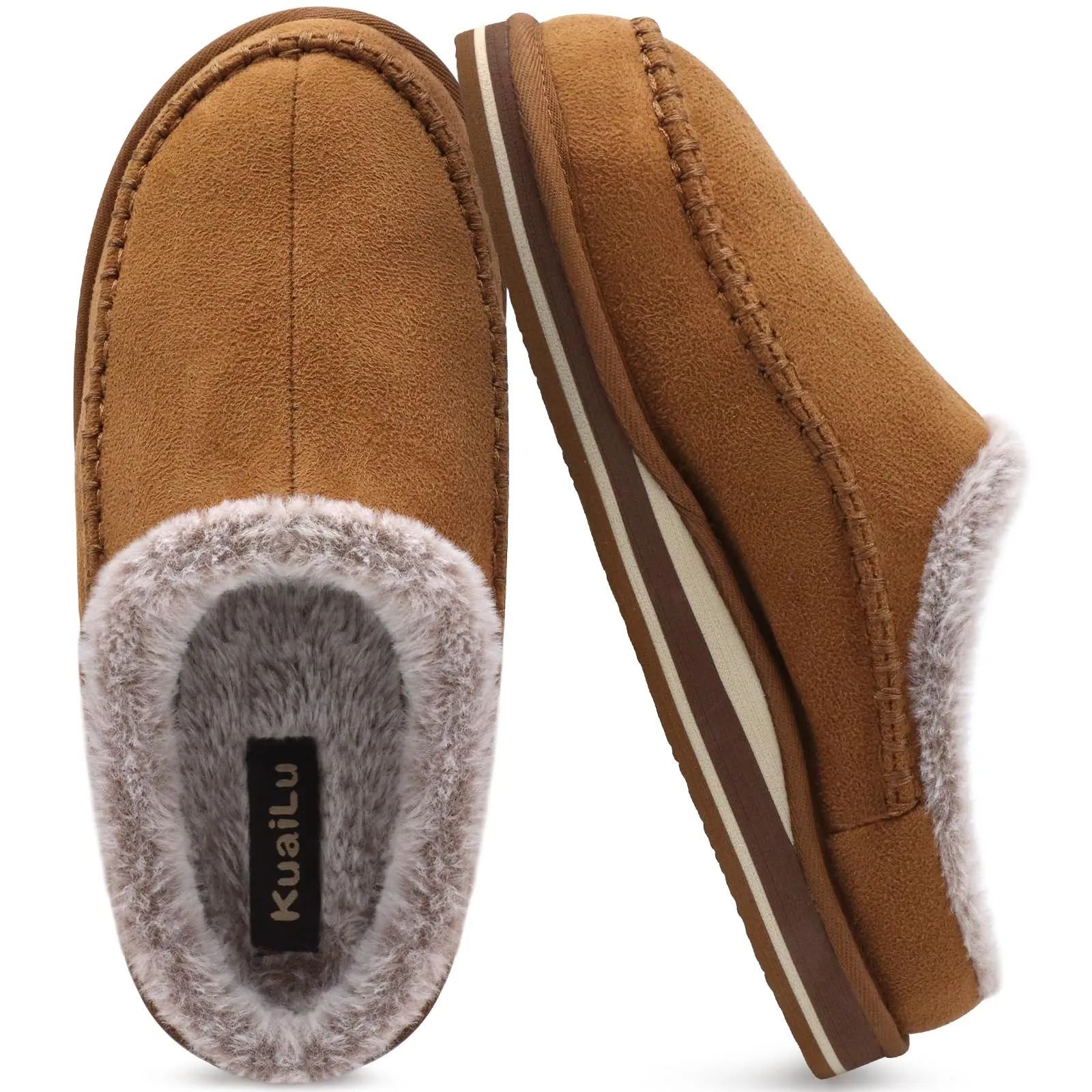 KuaiLu Mens Clog Slippers with Arch Support Suede Faux Fur Memory Foam Warm House Shoes Comfortable Slip-on Mans Bedroom Indoor Outdoor Slippers Rubber Sole Size 7-16