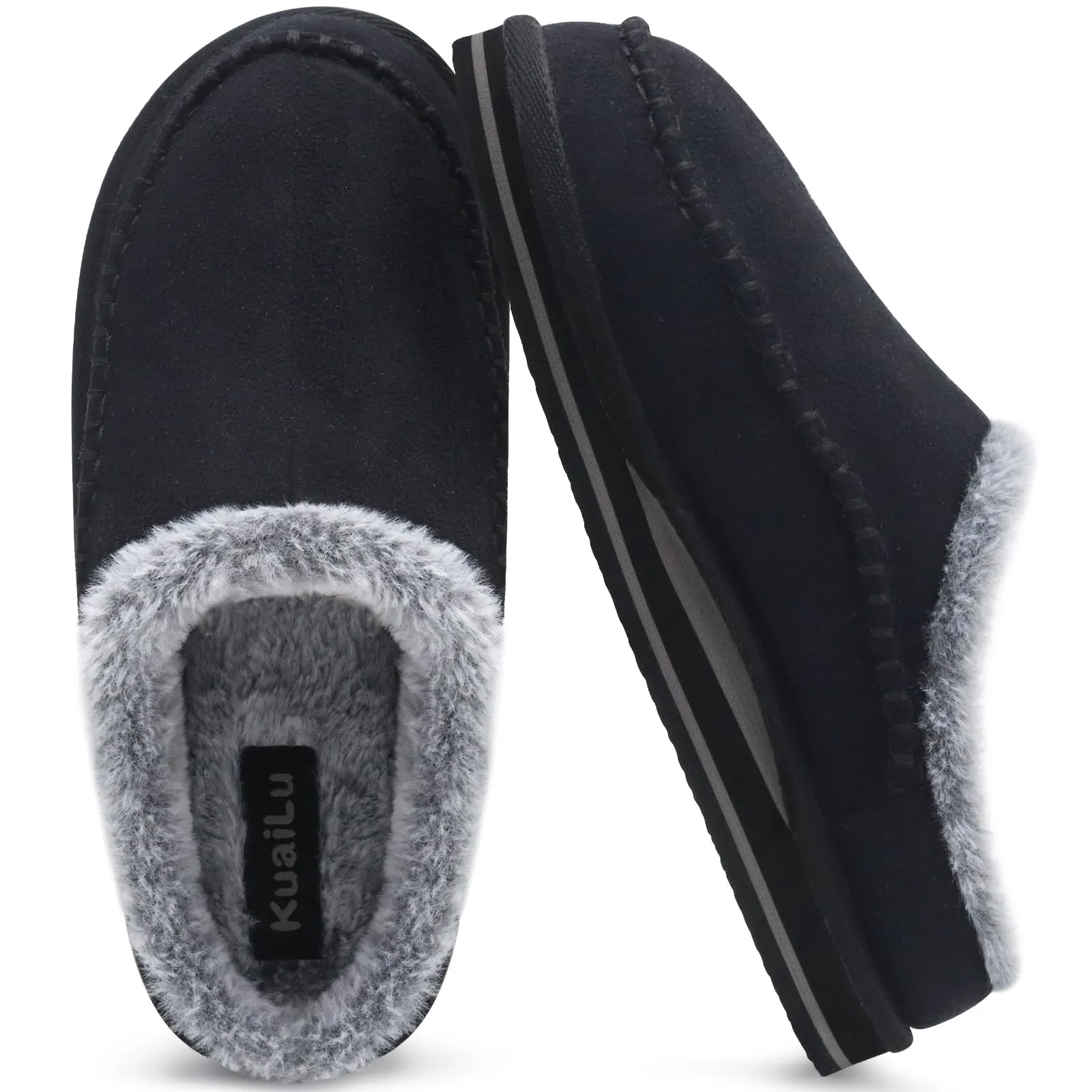 KuaiLu Mens Clog Slippers with Arch Support Suede Faux Fur Memory Foam Warm House Shoes Comfortable Slip-on Mans Bedroom Indoor Outdoor Slippers Rubber Sole Size 7-16