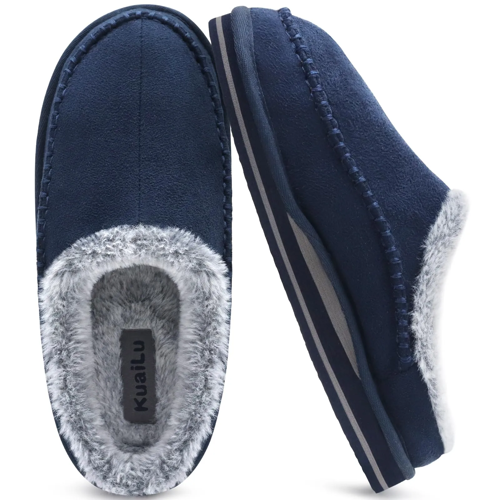 KuaiLu Mens Clog Slippers with Arch Support Suede Faux Fur Memory Foam Warm House Shoes Comfortable Slip-on Mans Bedroom Indoor Outdoor Slippers Rubber Sole Size 7-16