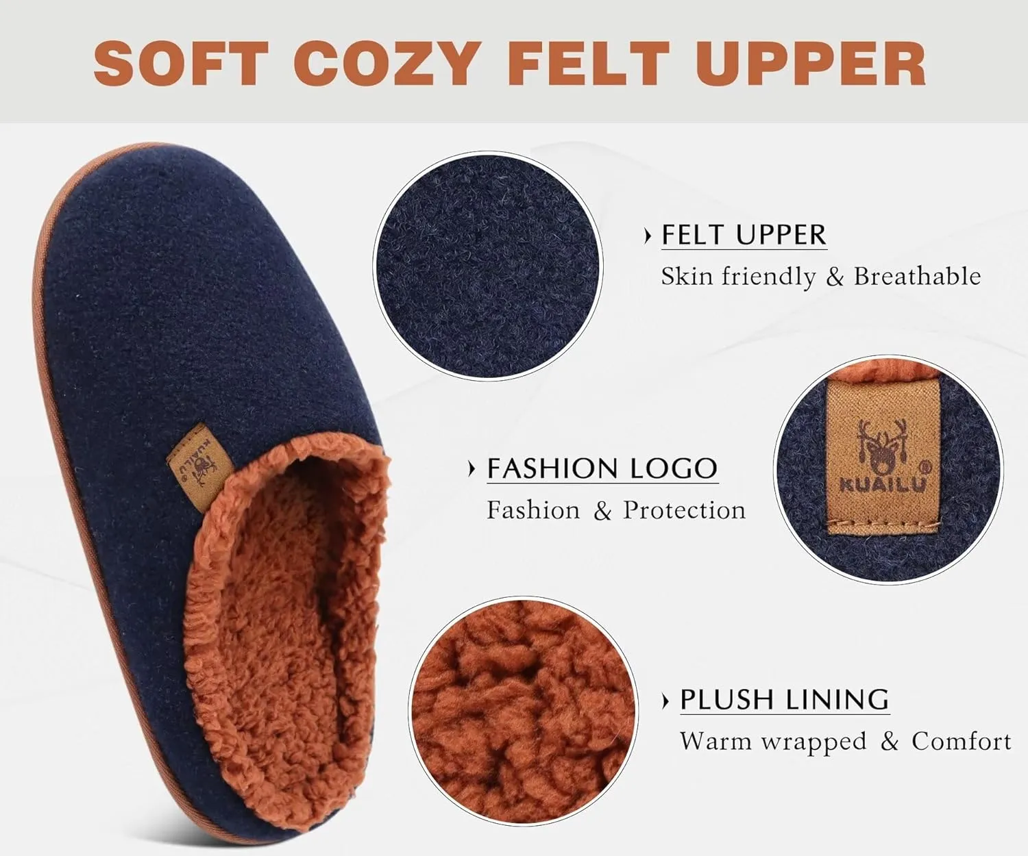 KuaiLu Mens House Memory Foam Slippers with Comfy Warm Plush Lining Felt Slip On Casual Pantuflas Mans Comfortable Bedroom Shoes Rubber Sole for Indoor&Outdoor (Mens Size 7-15)