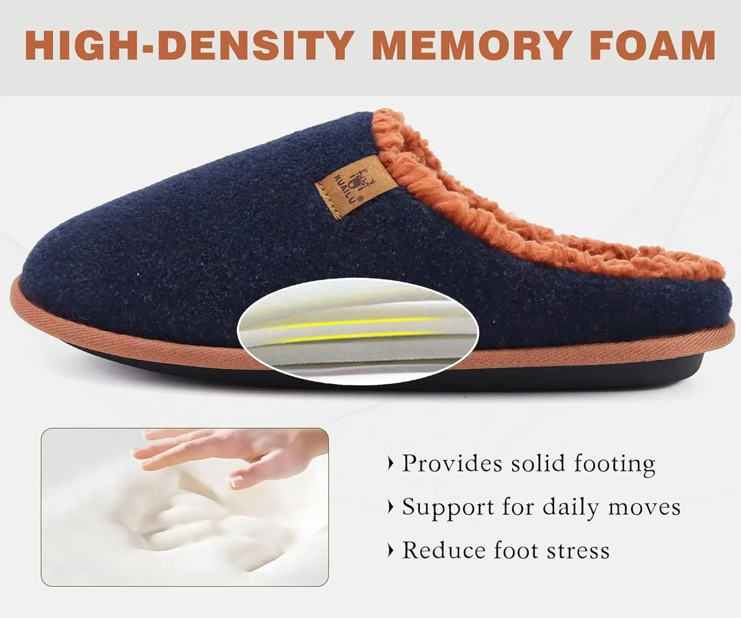 KuaiLu Mens House Memory Foam Slippers with Comfy Warm Plush Lining Felt Slip On Casual Pantuflas Mans Comfortable Bedroom Shoes Rubber Sole for Indoor&Outdoor (Mens Size 7-15)