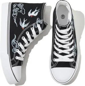kufeiti Women's High Top Canvas Sneakers Canvas Shoes Lace up White Black Sneakers Casual Walking Shoes
