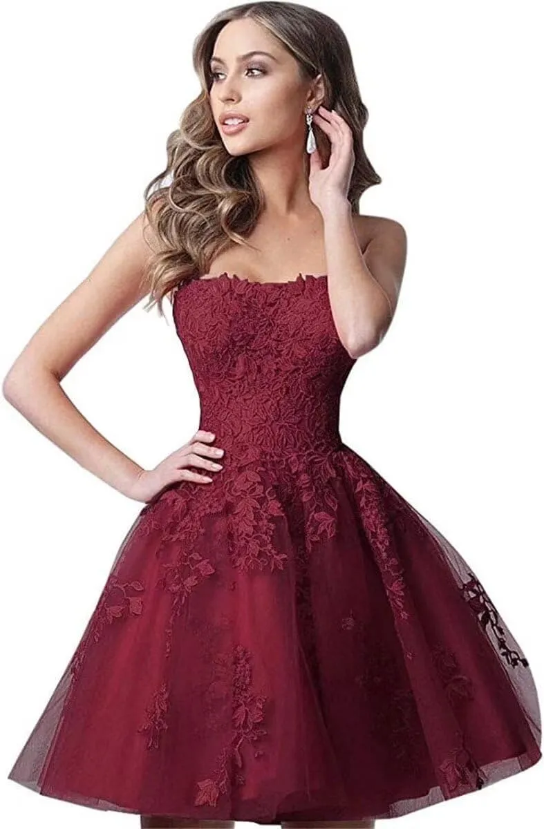 Lace Homecoming Dresses Short A Line Strapless Formal Cocktail Party Gowns