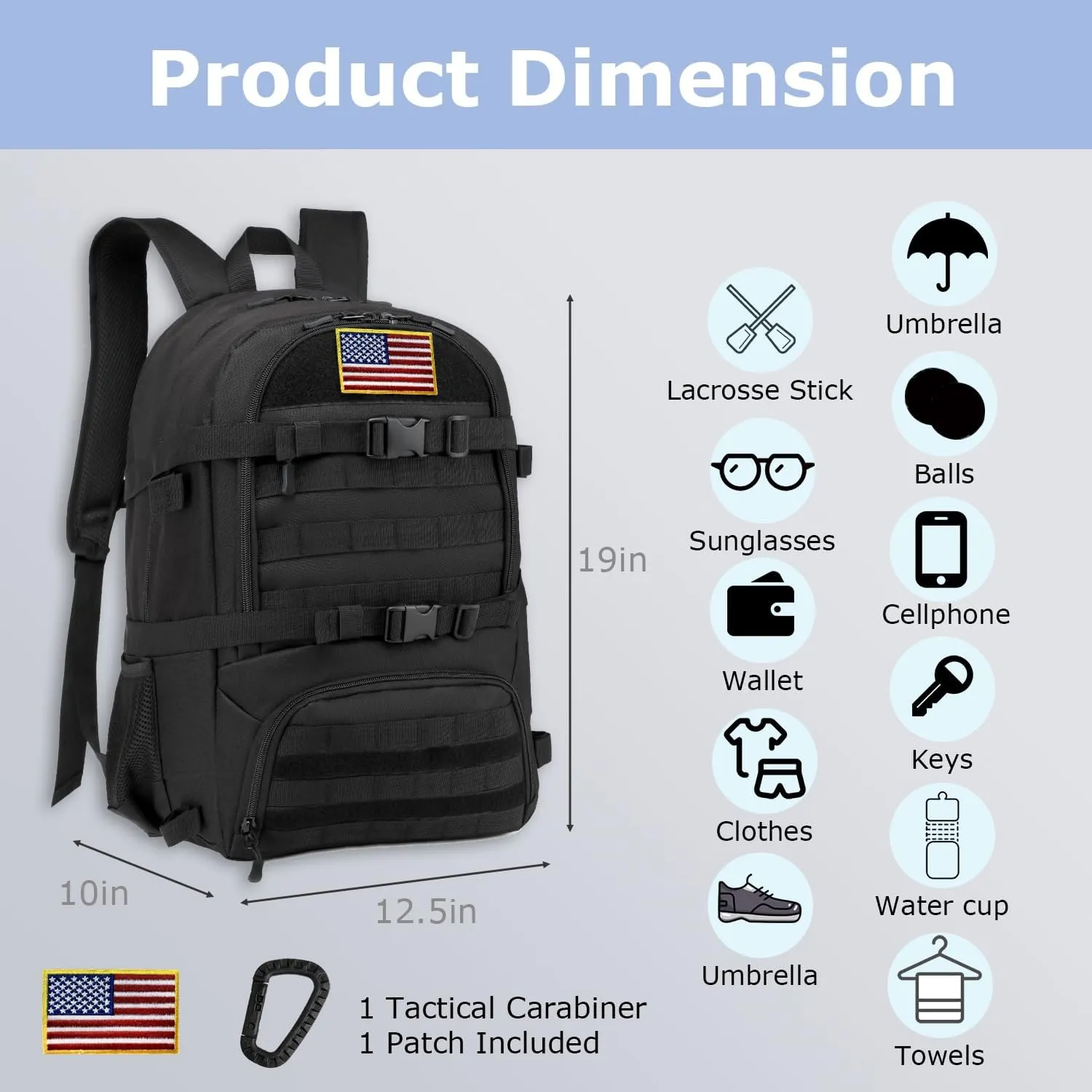 Lacrosse Bag Large tactical Field Hockey Backpack with Stick & Helmet Holders Lacrosse Accessories and Gears Bag (Black)