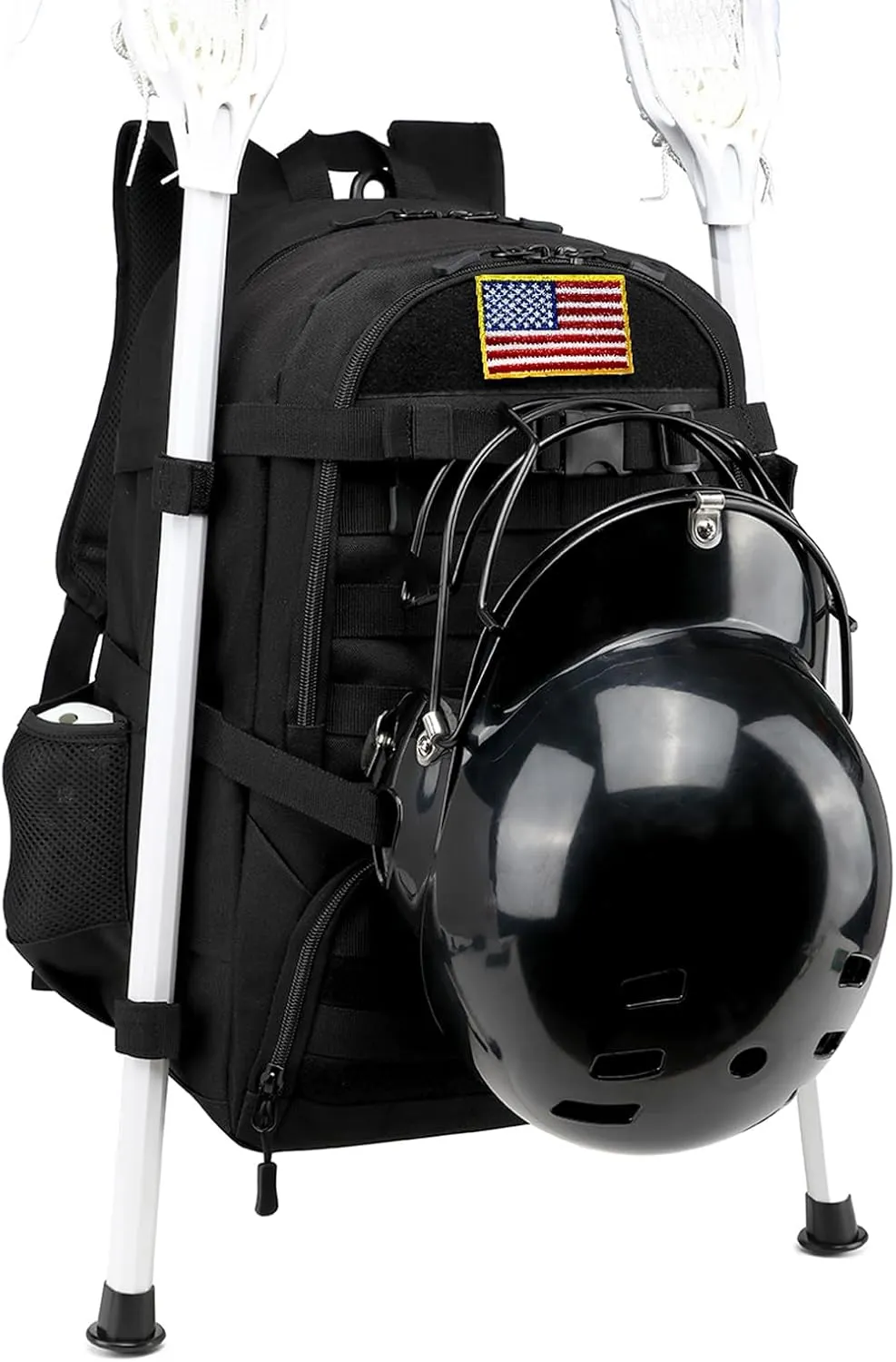 Lacrosse Bag Large tactical Field Hockey Backpack with Stick & Helmet Holders Lacrosse Accessories and Gears Bag (Black)