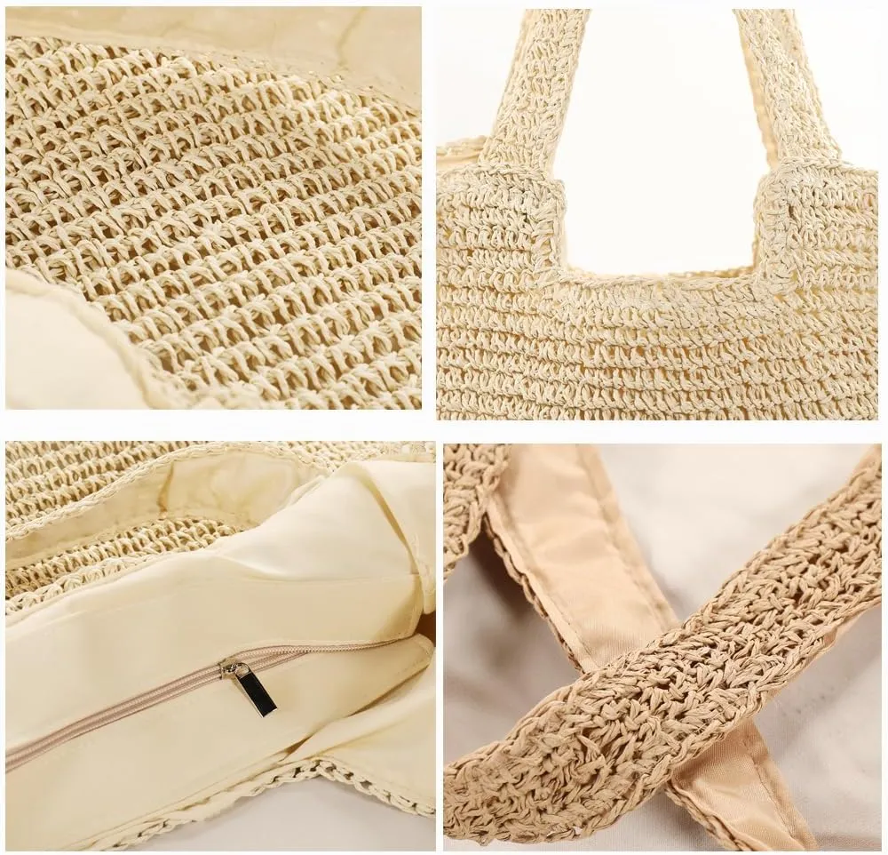 Large Straw Beach Bag for Womens, Straw Handbag Woven Tote Bag With Zipper Summer Straw Shoulder Bag