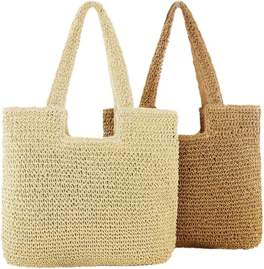 Large Straw Beach Bag for Womens, Straw Handbag Woven Tote Bag With Zipper Summer Straw Shoulder Bag