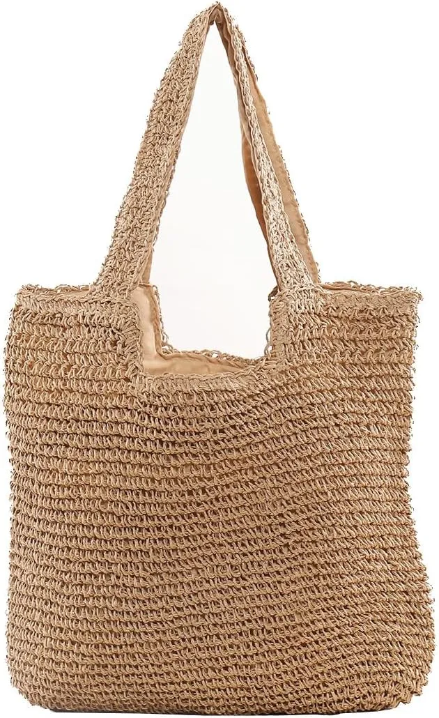 Large Straw Beach Bag for Womens, Straw Handbag Woven Tote Bag With Zipper Summer Straw Shoulder Bag