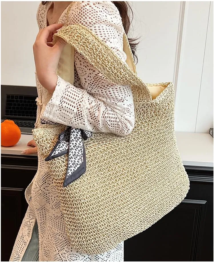 Large Straw Beach Bag for Womens, Straw Handbag Woven Tote Bag With Zipper Summer Straw Shoulder Bag