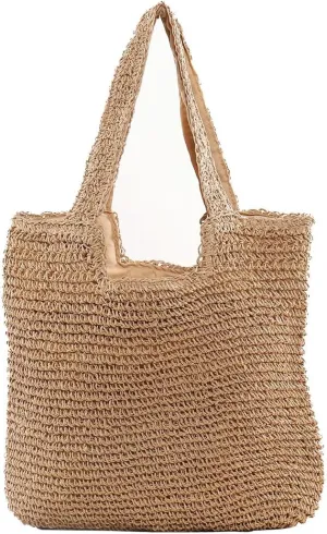 Large Straw Beach Bag for Womens, Straw Handbag Woven Tote Bag With Zipper Summer Straw Shoulder Bag