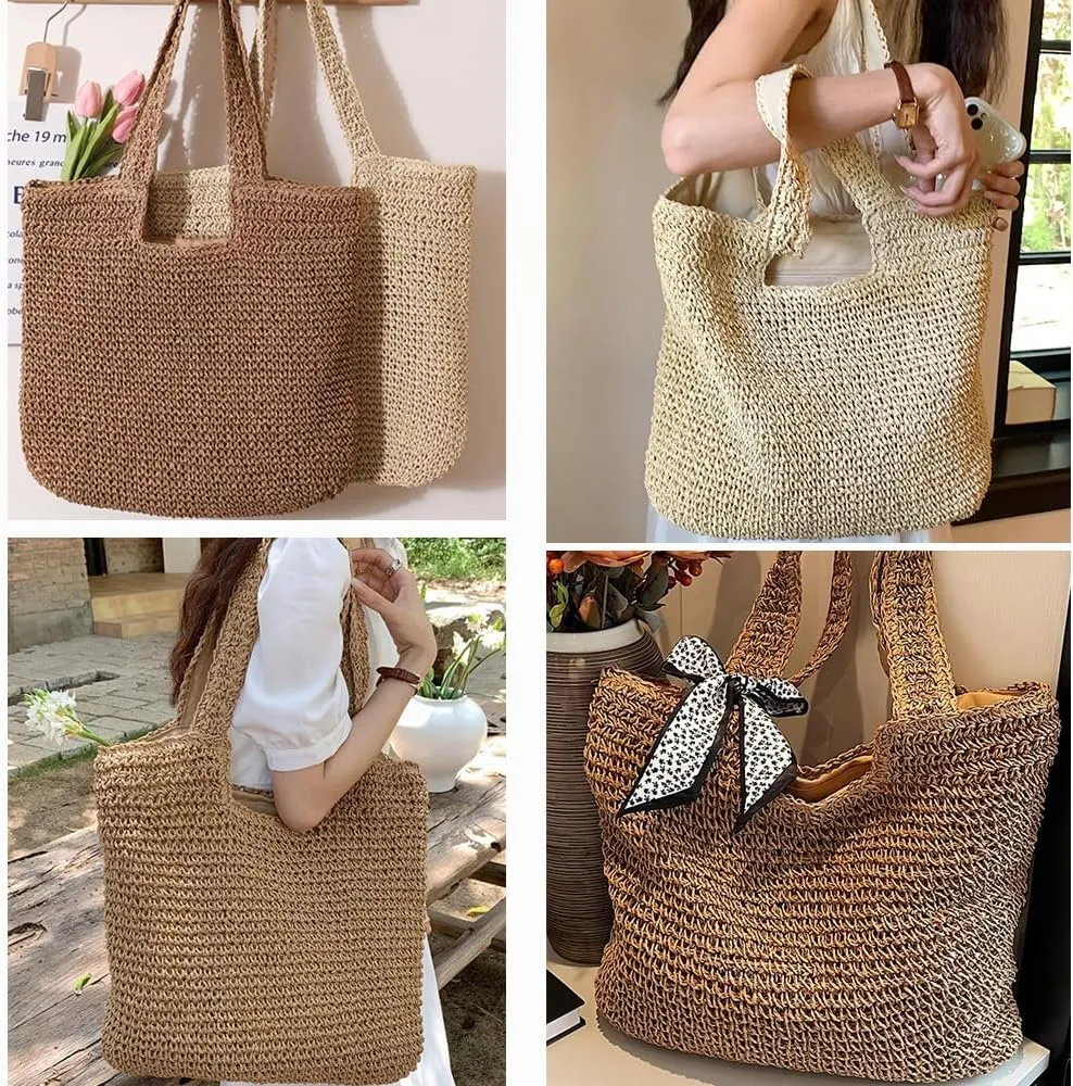 Large Straw Beach Bag for Womens, Straw Handbag Woven Tote Bag With Zipper Summer Straw Shoulder Bag