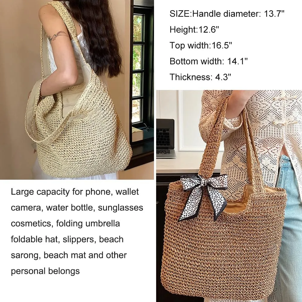 Large Straw Beach Bag for Womens, Straw Handbag Woven Tote Bag With Zipper Summer Straw Shoulder Bag