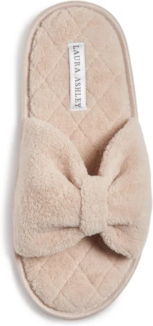 Laura Ashley Ladies Open Toe Spa Slippers with Bow and Memory Foam Insole