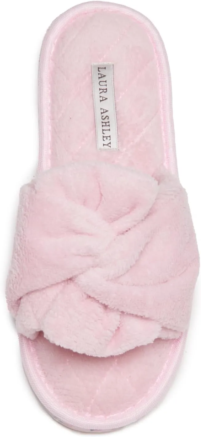 Laura Ashley Ladies Open Toe Spa Slippers with Bow and Memory Foam Insole