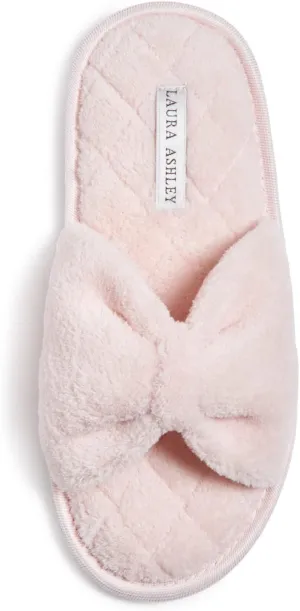 Laura Ashley Ladies Open Toe Spa Slippers with Bow and Memory Foam Insole