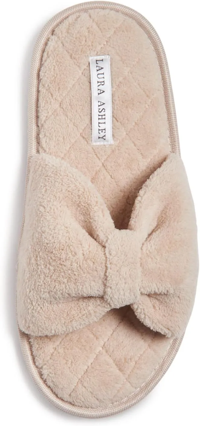 Laura Ashley Ladies Open Toe Spa Slippers with Bow and Memory Foam Insole