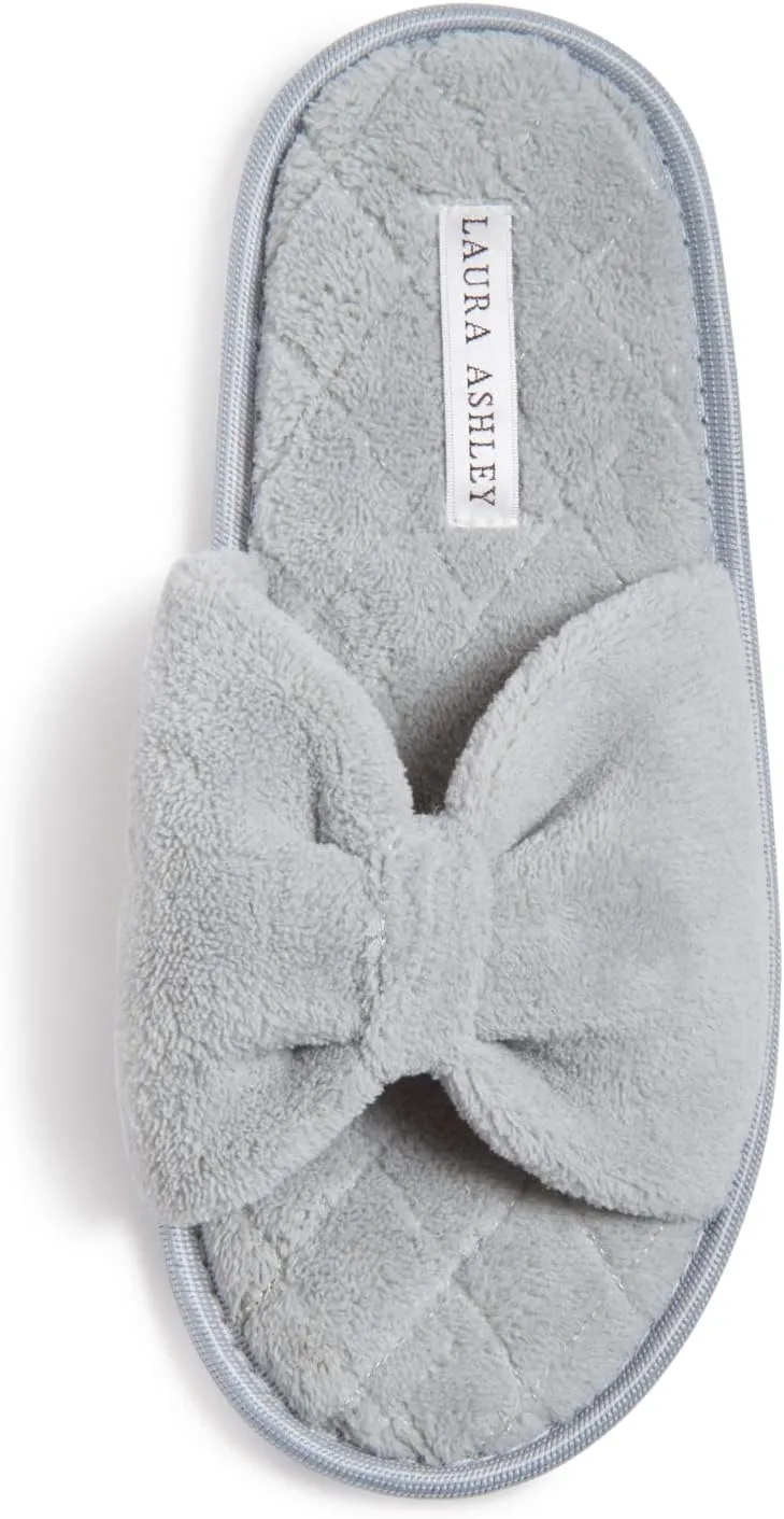 Laura Ashley Ladies Open Toe Spa Slippers with Bow and Memory Foam Insole