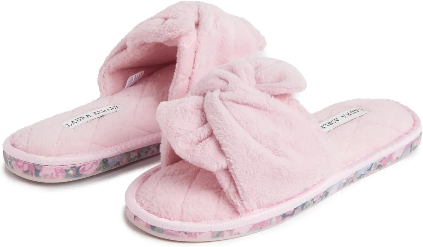 Laura Ashley Ladies Open Toe Spa Slippers with Bow and Memory Foam Insole