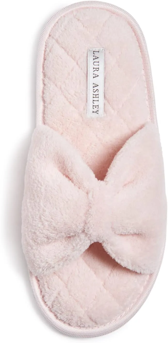 Laura Ashley Ladies Open Toe Spa Slippers with Bow and Memory Foam Insole