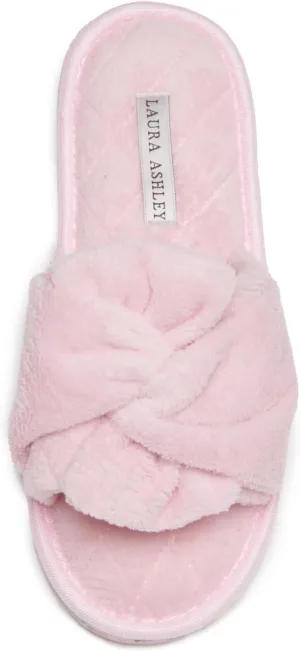 Laura Ashley Ladies Open Toe Spa Slippers with Bow and Memory Foam Insole
