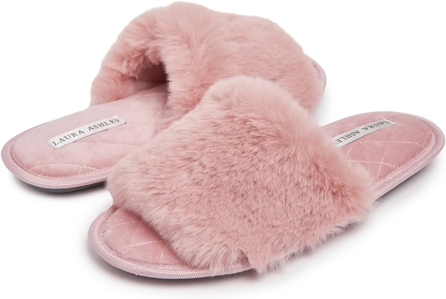 Laura Ashley Open Toe Fluffy Band Slippers for Women with Non-Skid Rugged Sole, Plush Terry Slippers for Ladies