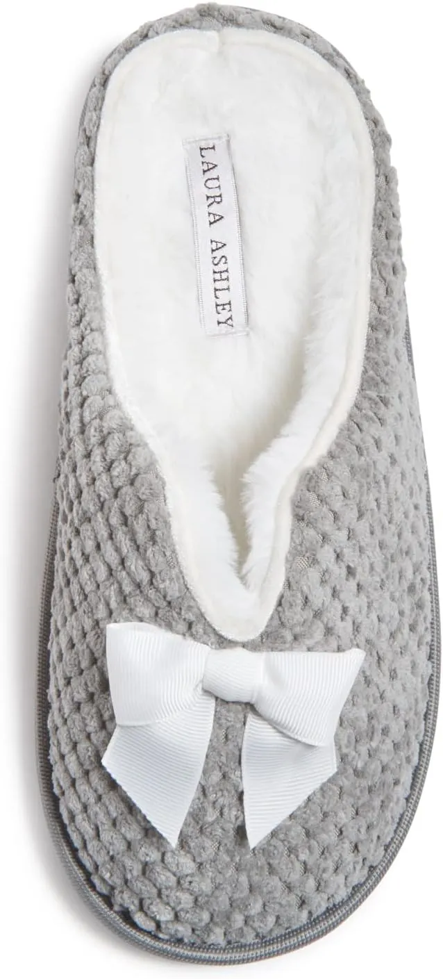 Laura Ashley Womens Memory Foam Slip On Terry Cloth Clog Slippers, Ladies Fuzzy Rubber Bottom Fur Bedroom House Shoes
