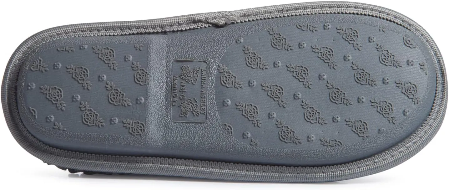 Laura Ashley Womens Memory Foam Slip On Terry Cloth Clog Slippers, Ladies Fuzzy Rubber Bottom Fur Bedroom House Shoes