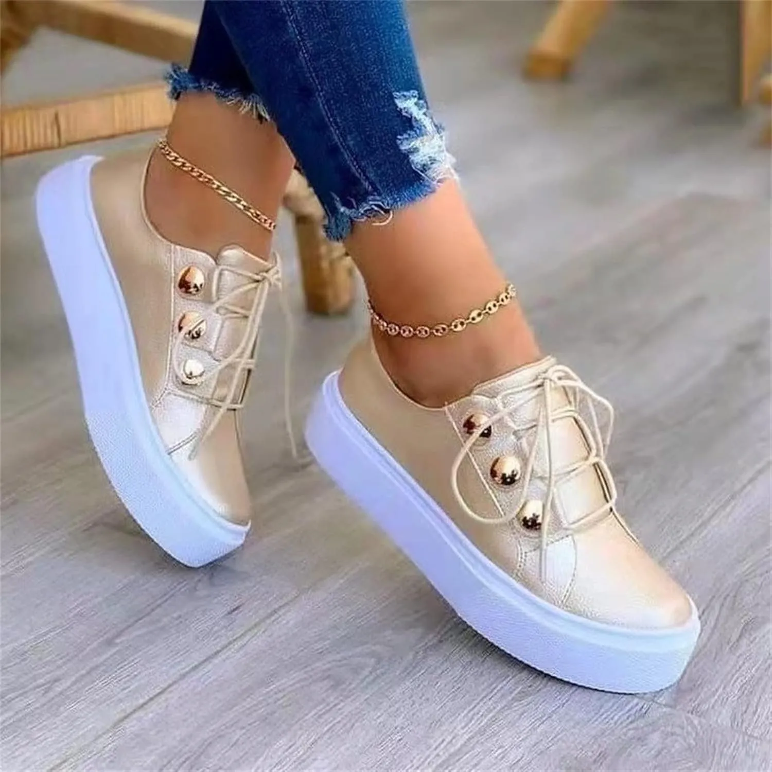 Lausiuoe Shoes For Women Sneakers Trendy Low Top Casual Fashion Leather Comfortable Soft Non-Slip Walking Flat Loafers