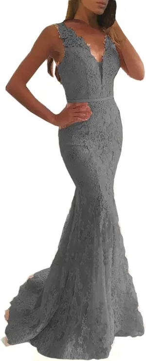 Lemai Women Beaded Lace Mermaid Long V Neck Prom Dresses Formal Evening Gown