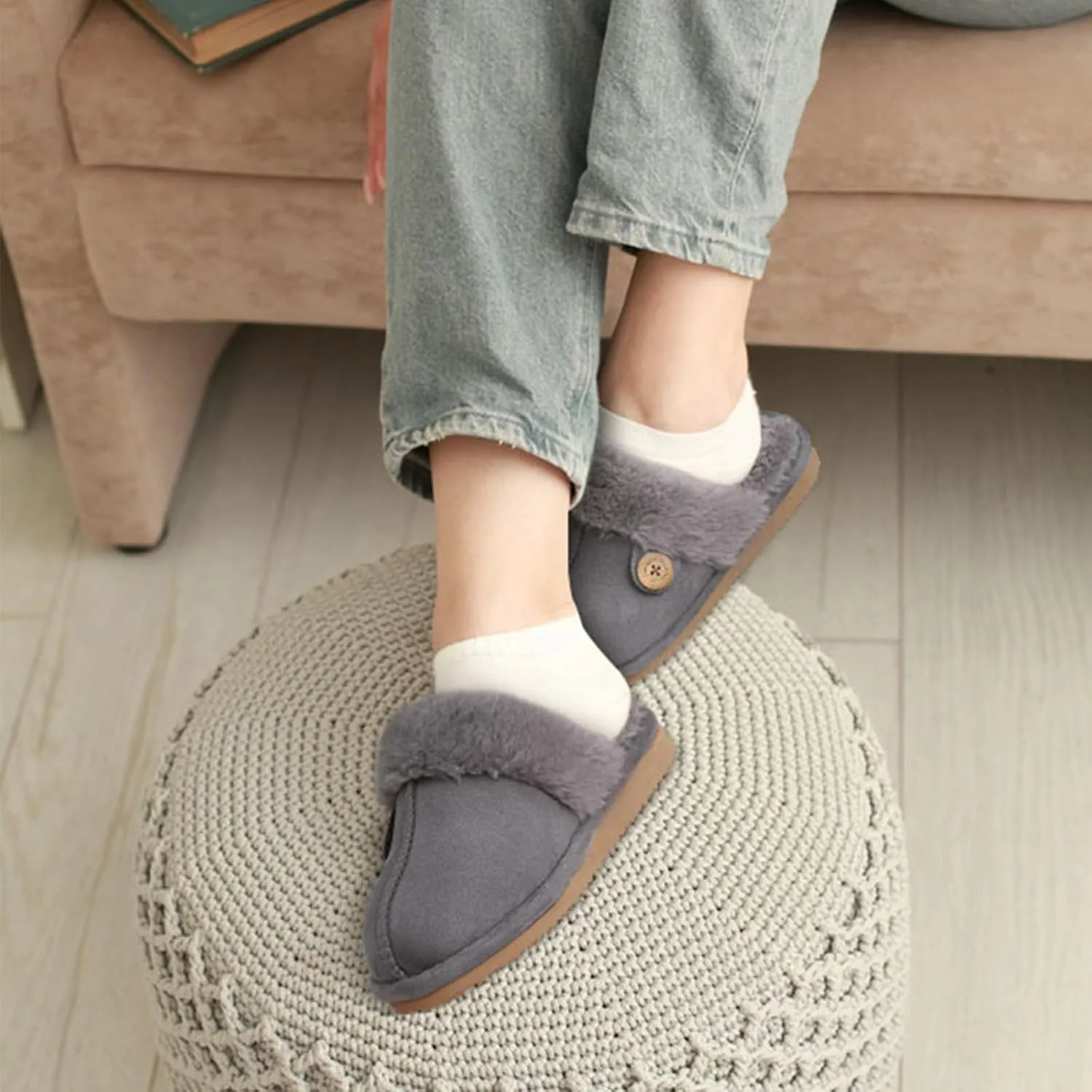 Litfun Fuzzy Slippers for Women with Memory Foam Winter Fluffy House Shoes Indoor Outdoor