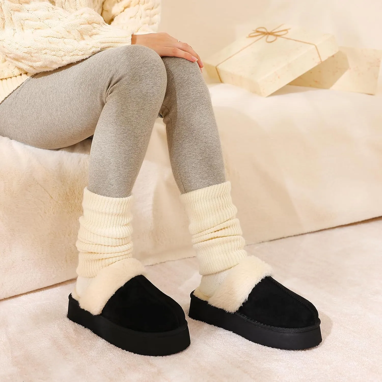 Litfun Womens Fuzzy Platform Slippers Fluffy Memory Foam Winter House Shoes for Indoor and Outdoor