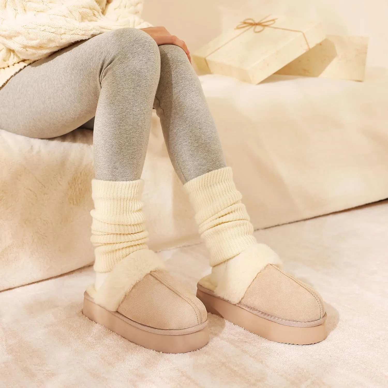 Litfun Womens Fuzzy Platform Slippers Fluffy Memory Foam Winter House Shoes for Indoor and Outdoor