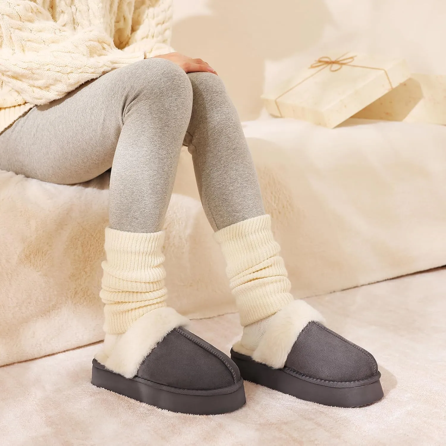 Litfun Womens Fuzzy Platform Slippers Fluffy Memory Foam Winter House Shoes for Indoor and Outdoor