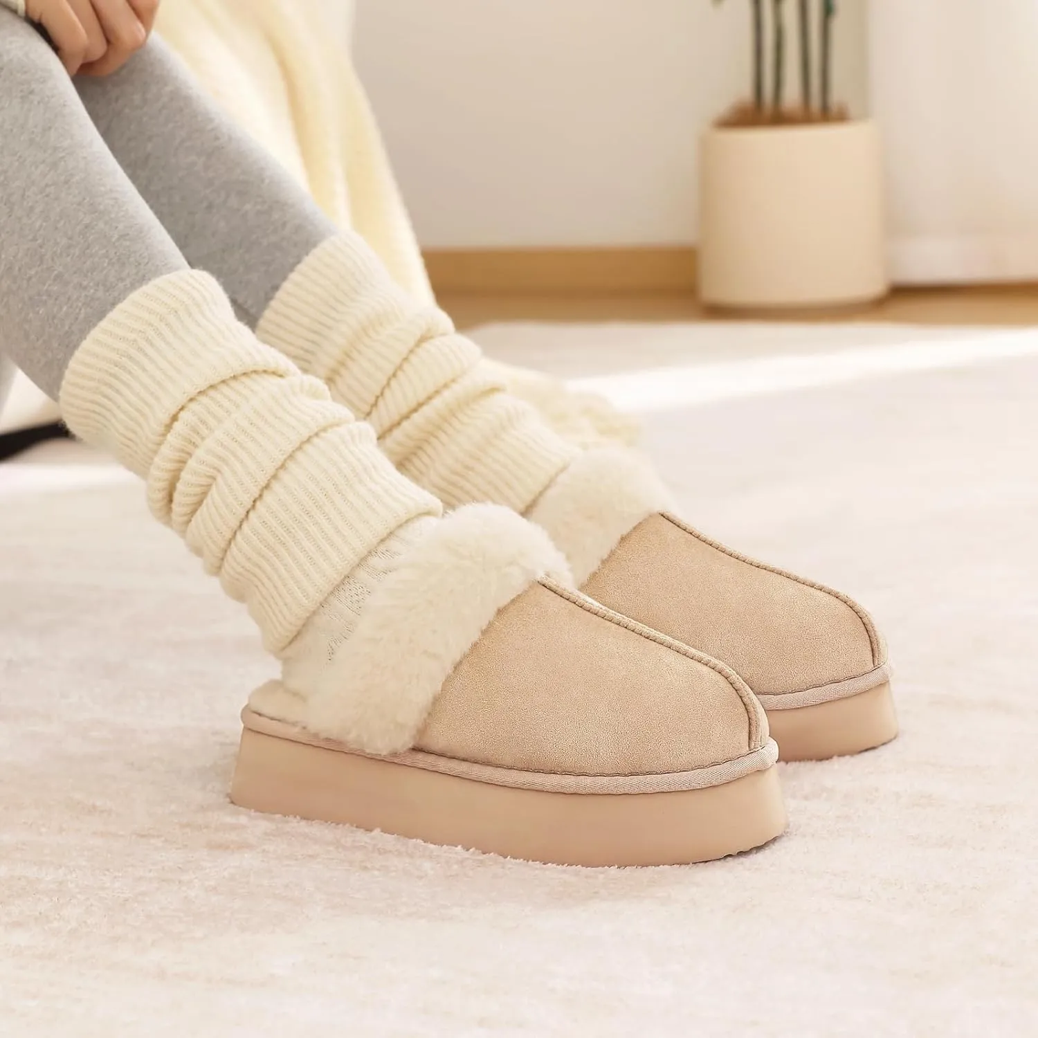 Litfun Womens Fuzzy Platform Slippers Fluffy Memory Foam Winter House Shoes for Indoor and Outdoor