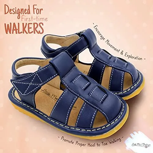 Little Mae's Boutique Closed Toe Squeaky Sandals for Toddler Boys, Ideal Toddler Walking Shoes with Removable Squeaker and Adjustable Velcro Strap - Flexible Sole Baby Shoes